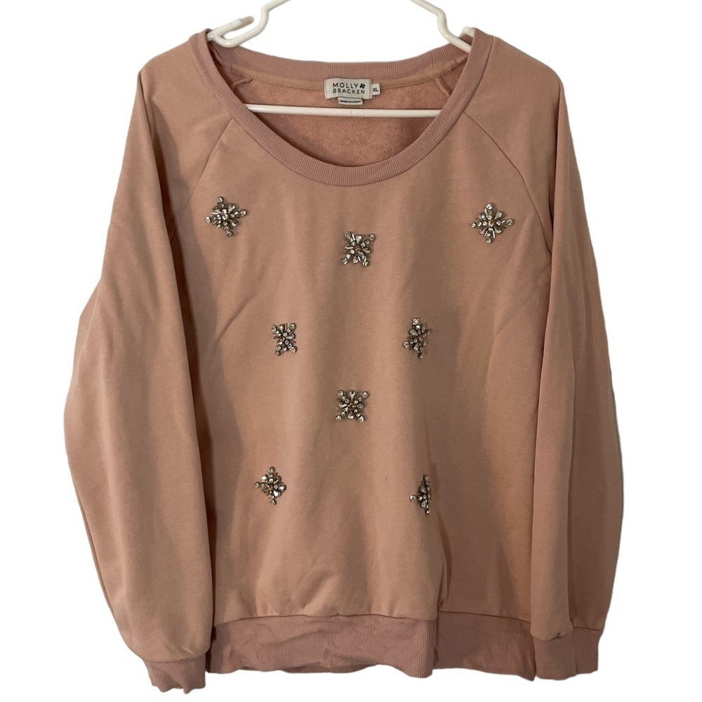 MOLLY bracken bedazzled crew neck sweater pink XL